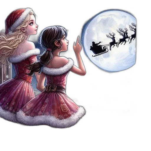 concept art, watercolor, fantasy art, snow, two, girls, observe, santa transparent PNG cut-out