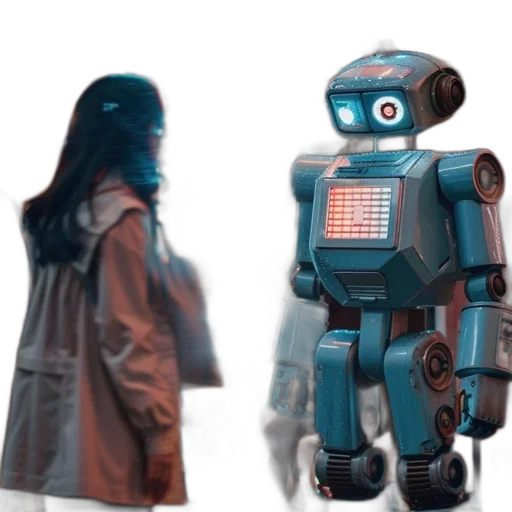 robot, jacket, concept art, 3d render, cyberpunk, vaporwave, outer space, blue transparent PNG cut-out