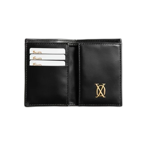 black, leather, wallet, gold, monogram, front, displayed, open transparent PNG cut-out