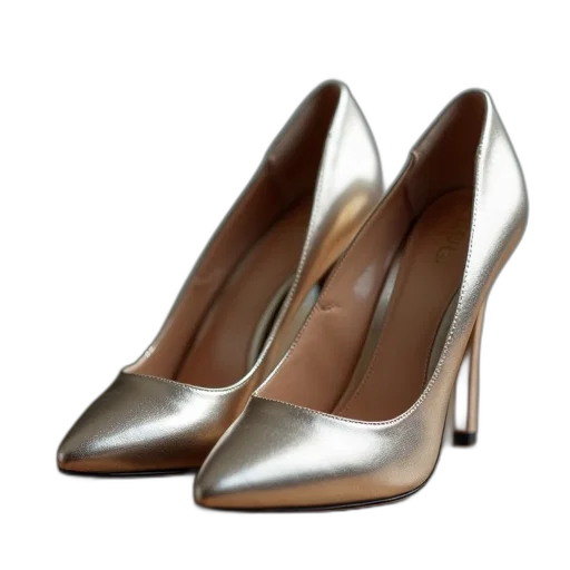 shoes, 3d render, photorealistic, pair, high-heeled, metallic, finish, placed transparent PNG cut-out