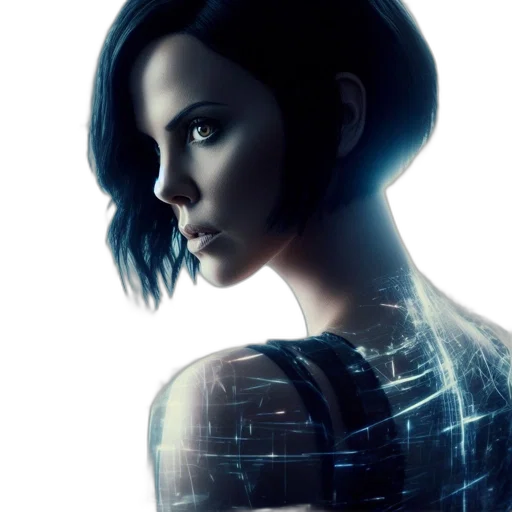 robot, cyberpunk, concept art, comic book art, photorealistic, neon lights, blue, woman transparent PNG cut-out