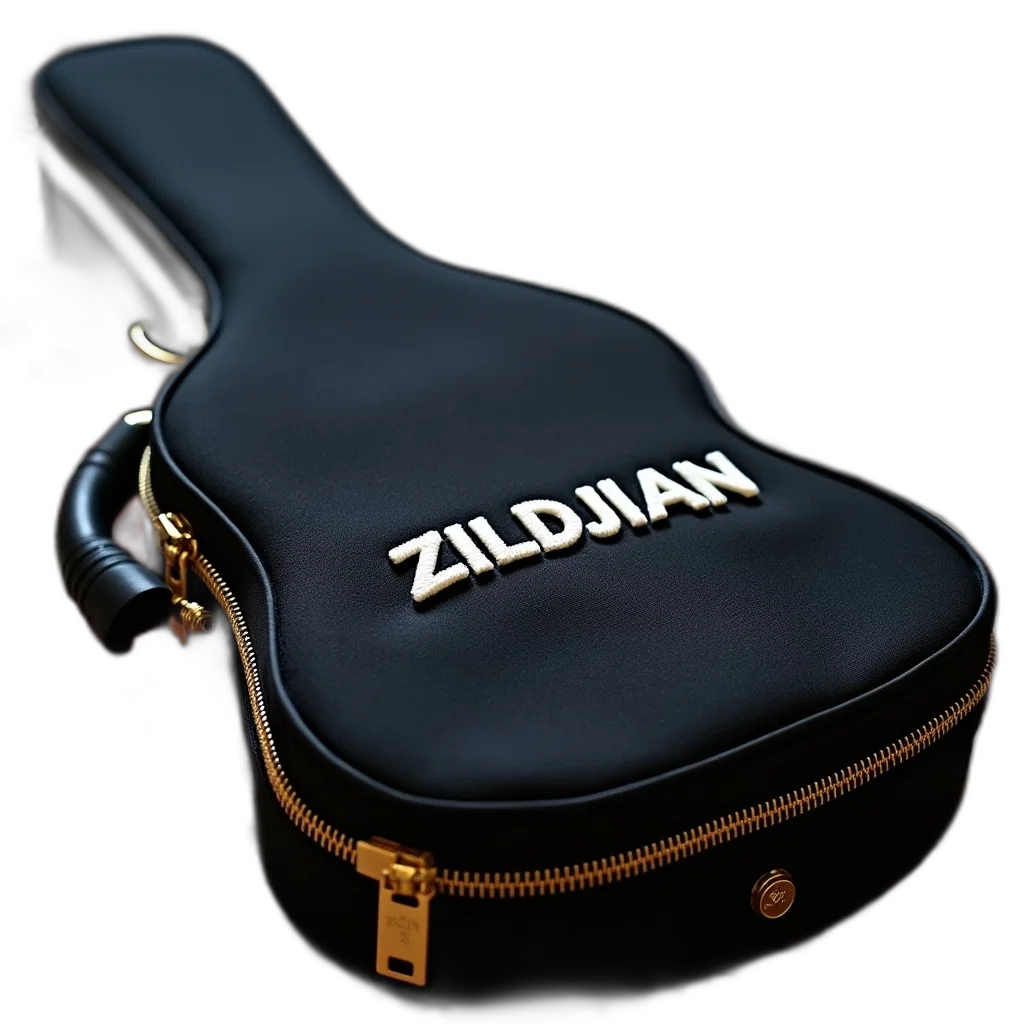 jacket, 3d render, photorealistic, black, guitar, case, gold, zipper transparent PNG cut-out