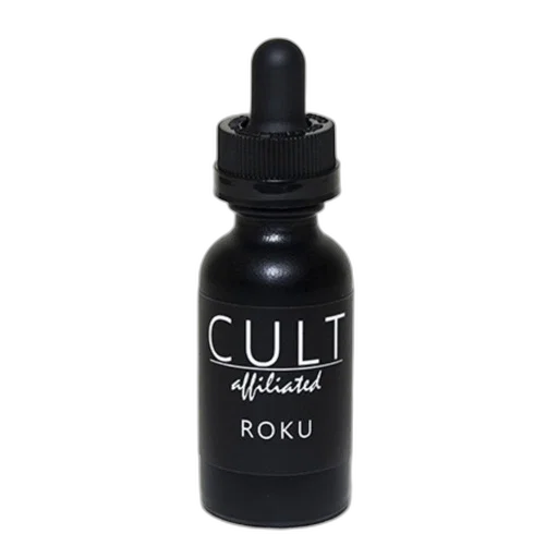 bottle, black, white, text, reads, cult, affiliated, roku transparent PNG cut-out