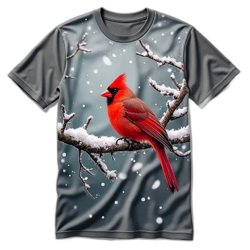 3d render, fantasy art, photorealistic, snow, red, grey, t-shirt, cardinal transparent PNG cut-out