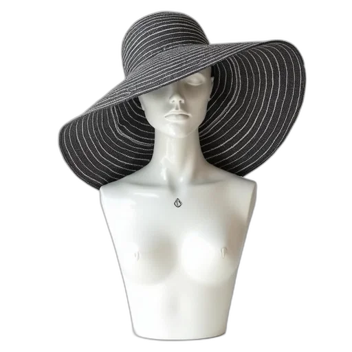 hat, jewelry, mannequin, large, wide-brimmed, black, white, pattern transparent PNG cut-out
