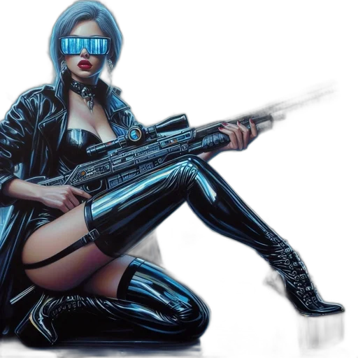 weapon, jacket, cyberpunk, concept art, comic book art, pixel art, neon lights, woman transparent PNG cut-out