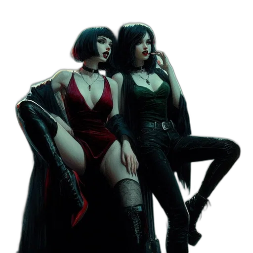 concept art, cyberpunk, comic book art, dark, two, goth-styled, women, pose transparent PNG cut-out