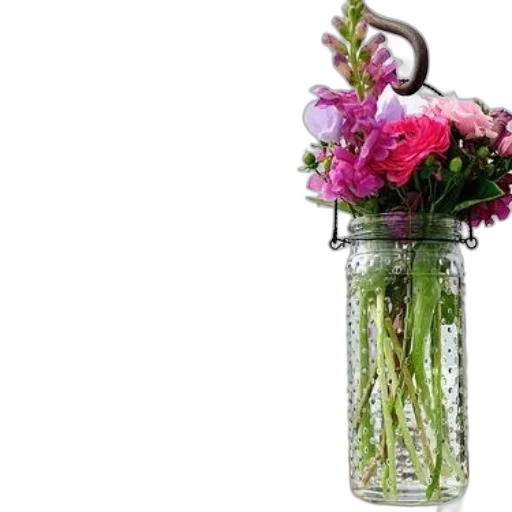 bottle, photorealistic, bouquets, pink, purple, flowers, clear, glass transparent PNG cut-out