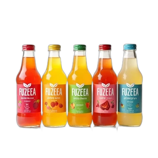 bottle, food, 3d render, colorful, collection, five, bottles, fuzetea transparent PNG cut-out