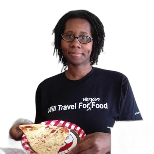 food, staff, woman, wearing, black, shirt, says, vegan transparent PNG cut-out