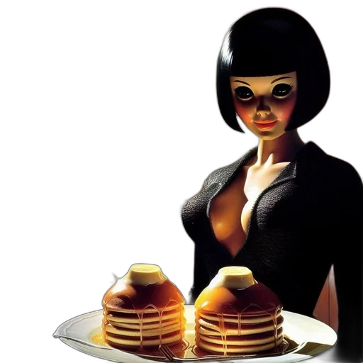 food, comic book art, concept art, 3d render, photorealistic, animated, woman, large transparent PNG cut-out