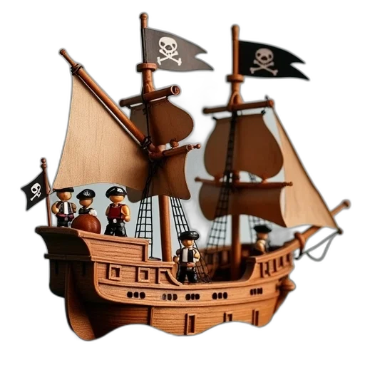 3d render, concept art, fantasy art, cartoon, wooden, pirate, ship, figurines transparent PNG cut-out