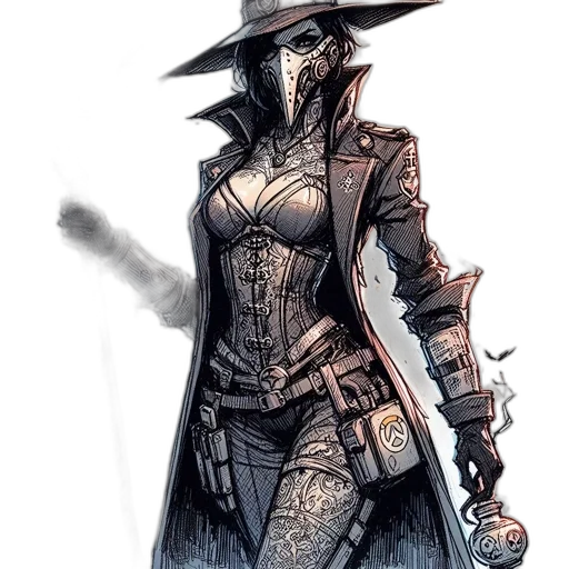 staff, concept art, comic book art, fantasy art, pixel art, dark, monochrome, female transparent PNG cut-out