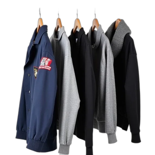 jacket, dark, monochrome, collection, various, clothing, items, neatly transparent PNG cut-out