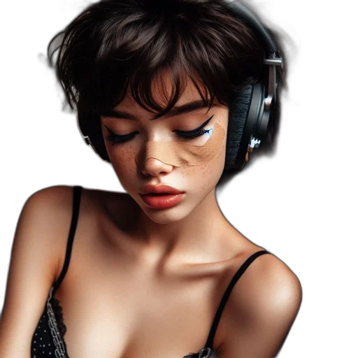photorealistic, cyberpunk, concept art, fantasy art, young, woman, listens, intently transparent PNG cut-out