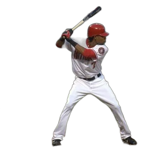 staff, baseball, player, white, uniform, red, accents, holding transparent PNG cut-out