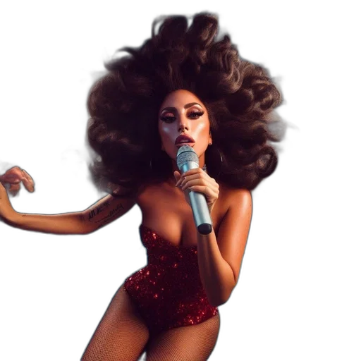 hair, dress, woman, colorful, sings, into, mic, while transparent PNG cut-out