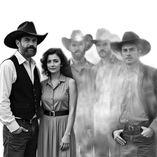 black, white, photograph, group, six, people, standing, together transparent PNG cut-out