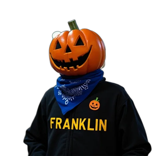 staff, jacket, person, dressed, costume, pumpkin, head, blue transparent PNG cut-out
