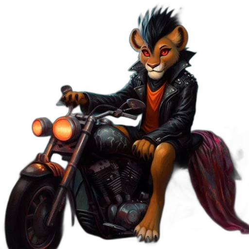 concept art, fantasy art, cartoon, comic book art, anthropomorphic, lion, rides, futuristic transparent PNG cut-out