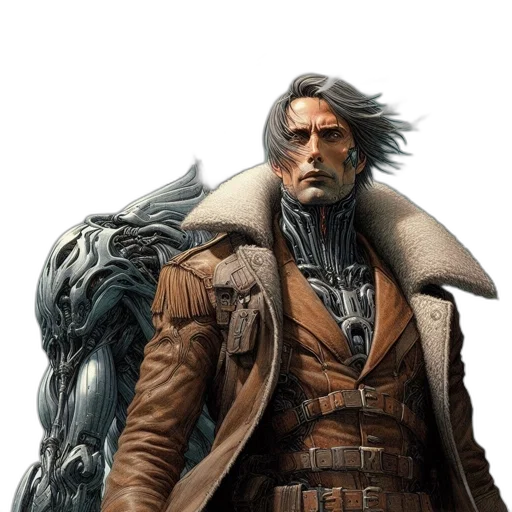 jacket, face, concept art, fantasy art, comic book art, photorealistic, earth tones, man transparent PNG cut-out