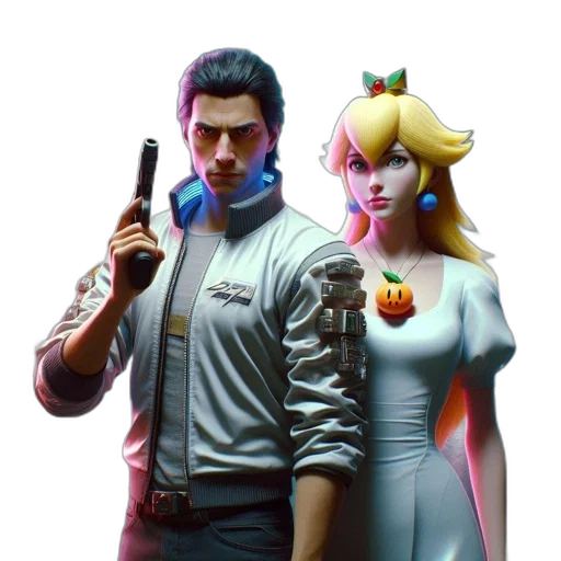 jacket, weapon, staff, concept art, 3d render, cyberpunk, vaporwave, outer space transparent PNG cut-out