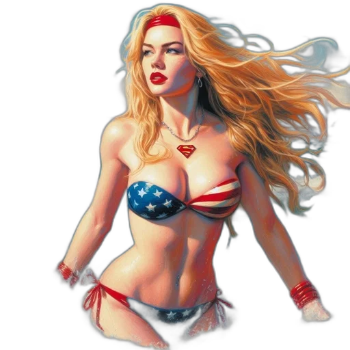 comic book art, fantasy art, concept art, photorealistic, woman, blonde, hair, superman transparent PNG cut-out