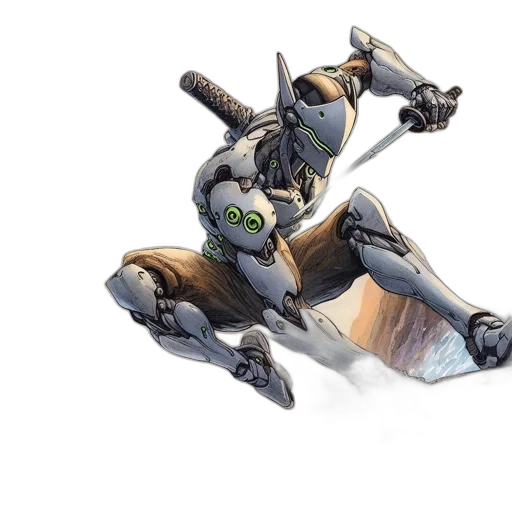 robot, weapon, sword, concept art, 3d render, fantasy art, ninja-styled, humanoid transparent PNG cut-out