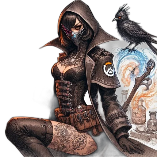 concept art, comic book art, fantasy art, cyberpunk, dark, hooded, figure, wearing transparent PNG cut-out