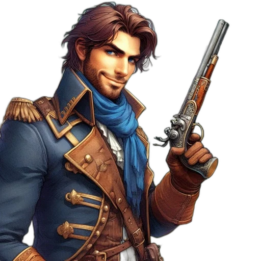 weapon, jacket, staff, concept art, fantasy art, pixel art, photorealistic, man transparent PNG cut-out