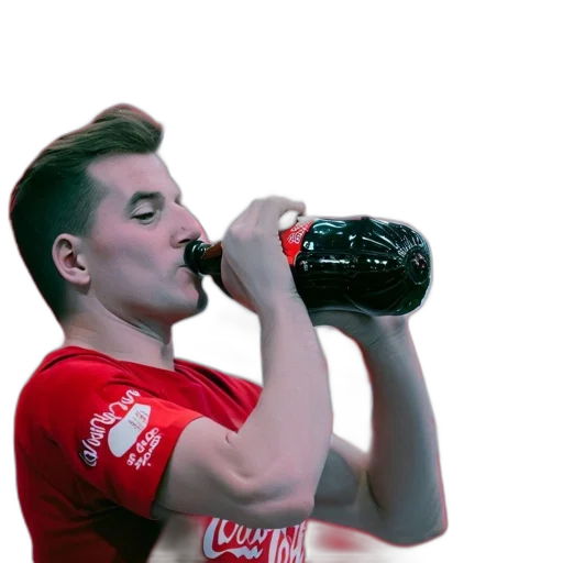 bottle, weapon, food, staff, 3d render, man, red, shirt transparent PNG cut-out