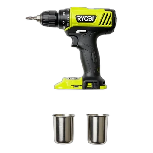 staff, green, black, ryobi, cordless, drill, displayed, white transparent PNG cut-out