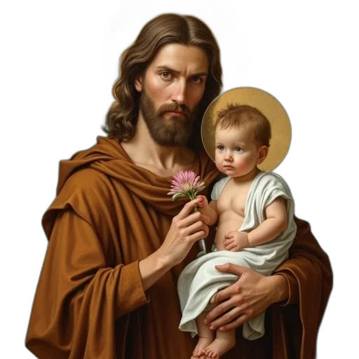 photorealistic, painting, man, brown, robe, holding, baby, white transparent PNG cut-out