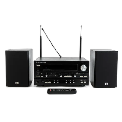 black, stereo, system, two, speakers, remote, control, displayed transparent PNG cut-out