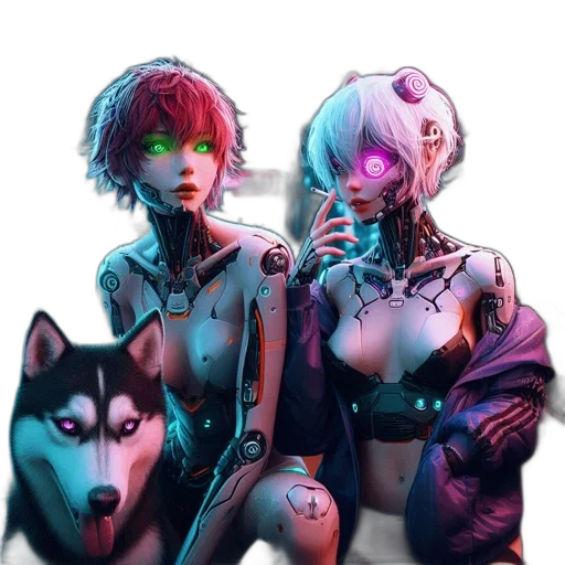 robot, jacket, cyberpunk, concept art, fantasy art, 3d render, neon lights, outer space transparent PNG cut-out