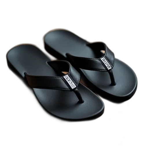 shoes, pair, black, flip-flops, logo, side, placed, wooden transparent PNG cut-out