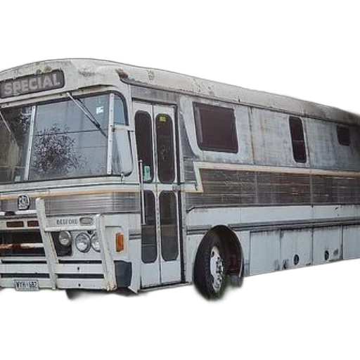car, photorealistic, old, white, bus, word, special, sits transparent PNG cut-out