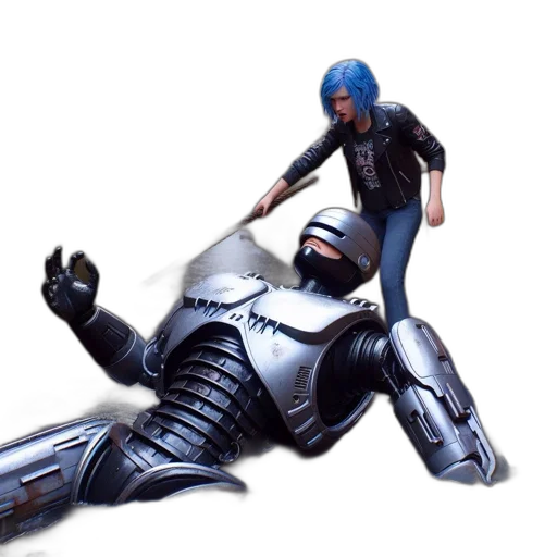 robot, weapon, concept art, 3d render, comic book art, urban, setting, blonde-haired transparent PNG cut-out