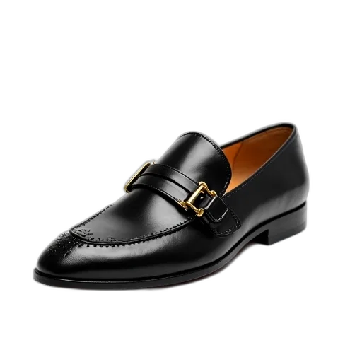shoes, black, leather, loafer, gold, buckle, decorative, stitching transparent PNG cut-out