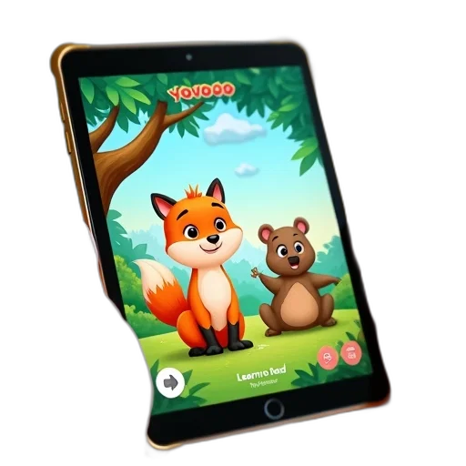 concept art, tablet, displaying, colorful, children, app, animated, characters transparent PNG cut-out