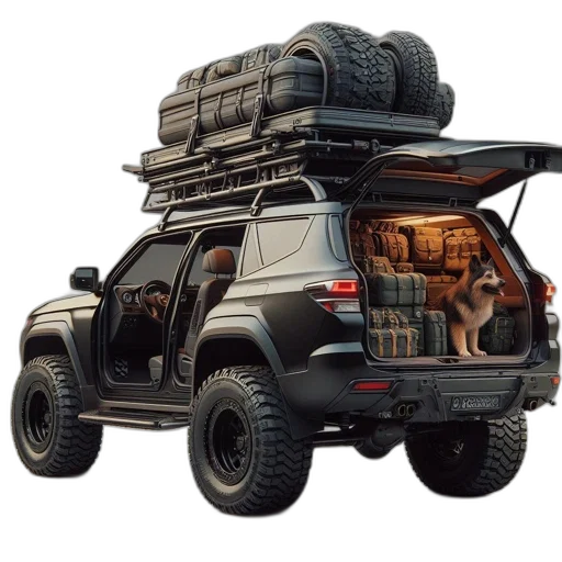 car, 3d render, concept art, photorealistic, off-road, suv, roof, rack transparent PNG cut-out