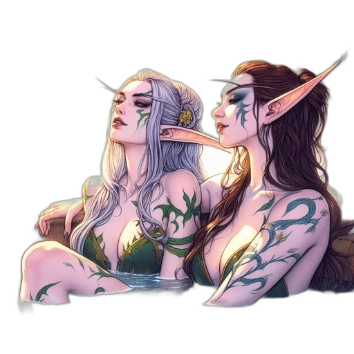fantasy art, concept art, watercolor, comic book art, pastel, two, female, characters transparent PNG cut-out