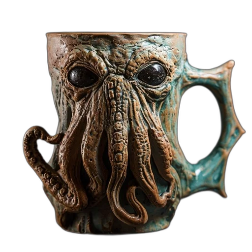 creature, 3d render, photorealistic, fantasy art, underwater, ceramic, mug, tentacled transparent PNG cut-out
