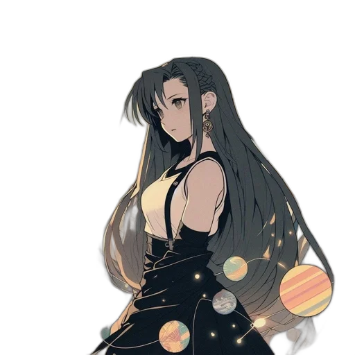 dress, staff, hair, jewelry, concept art, anime, pixel art, fantasy art transparent PNG cut-out