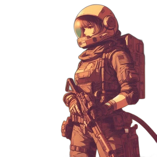 robot, weapon, jacket, concept art, cyberpunk, pixel art, 3d render, outer space transparent PNG cut-out