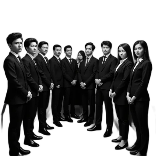staff, jacket, 3d render, black, white, photograph, group, people transparent PNG cut-out