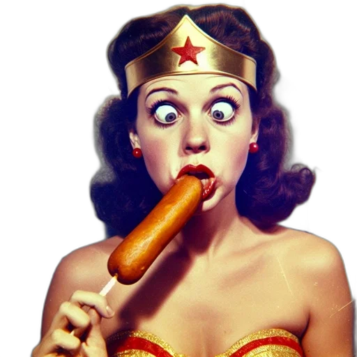 comic book art, vintage, comedic, illustration, wonder, woman-like, figure, eating transparent PNG cut-out