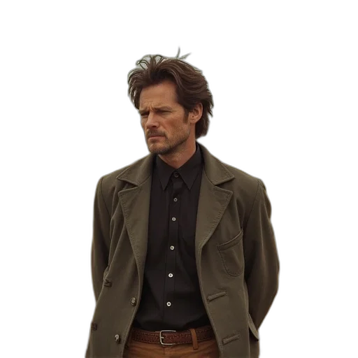 jacket, hair, face, staff, concept art, 3d render, photorealistic, cartoon transparent PNG cut-out