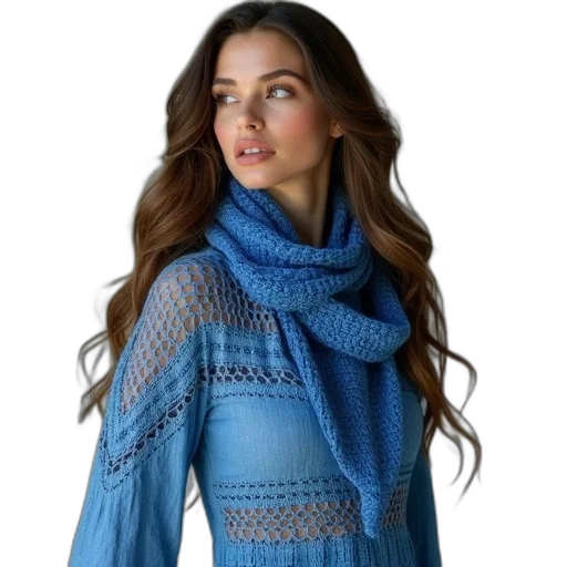 blue, woman, long, wavy, hair, wearing, dress, crocheted transparent PNG cut-out