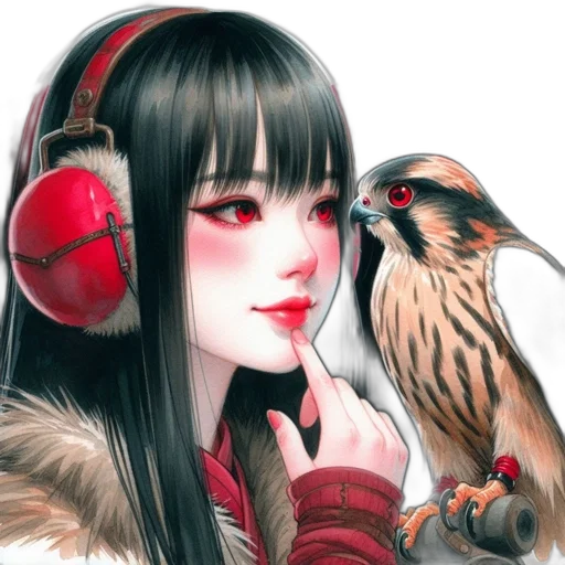 fantasy art, photorealistic, concept art, anime, red, woman, ponders, bird transparent PNG cut-out